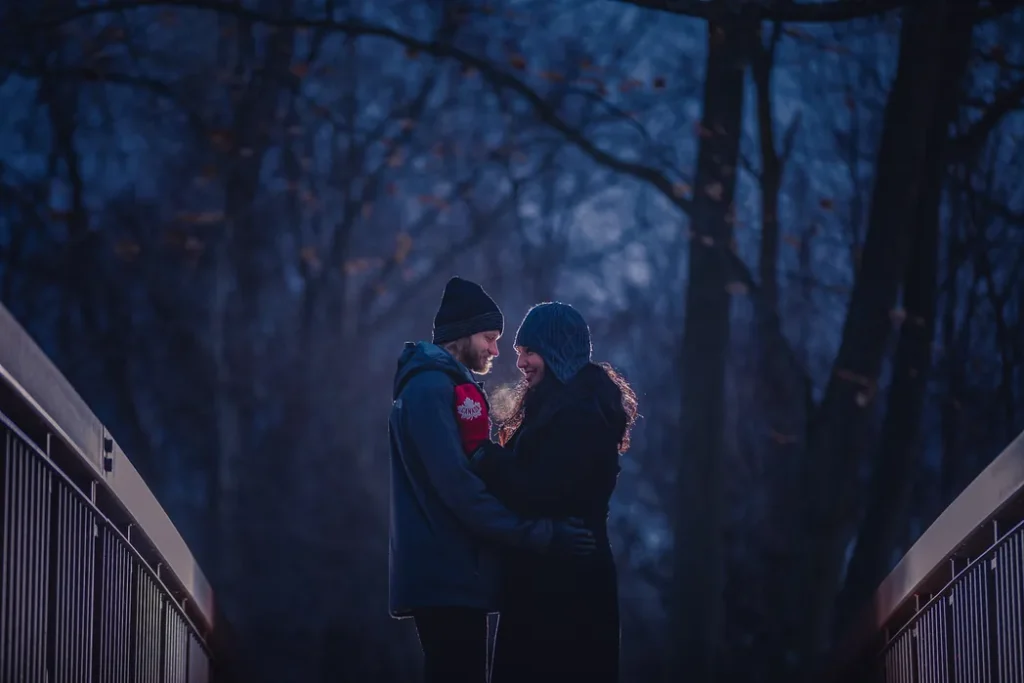 Winter couple portrait in the evening