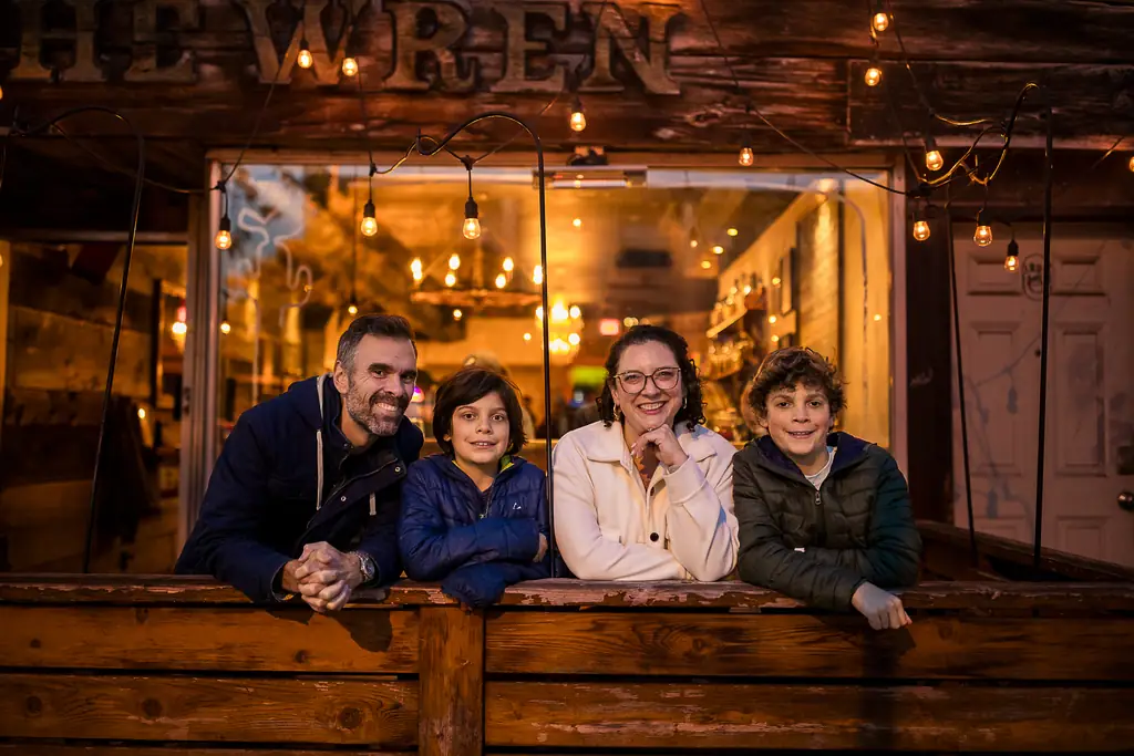 Evening family photos outside The Wren, a favorite Danforth restaurant in East York