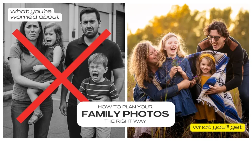 A beautifully planned Toronto family photography session versus a chaotic, unflattering photo with poor lighting and setting.