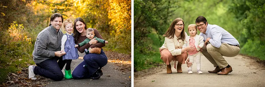 A comparison of 2 family portraits taken on the same East York path to show the spring/fall colour differences.